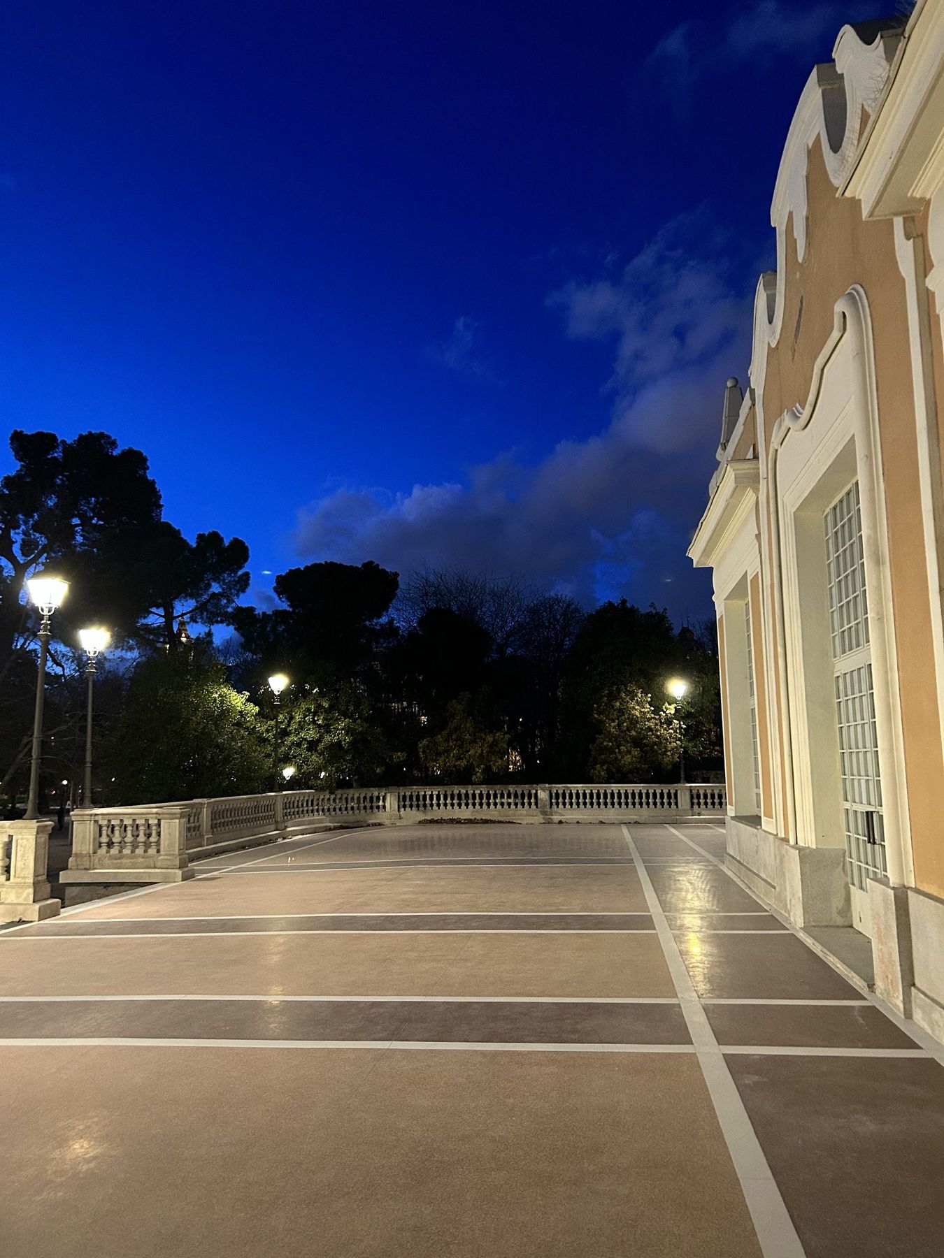 Terrace of Casa de Vacas at dusk, Retiro Park, Madrid